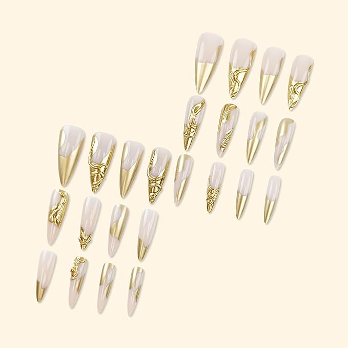 RTKHFZE Long Stiletto Press on Nails Light Taupe Color, 3D Gold Coat Full Cover Claw Nails for Women and Girls