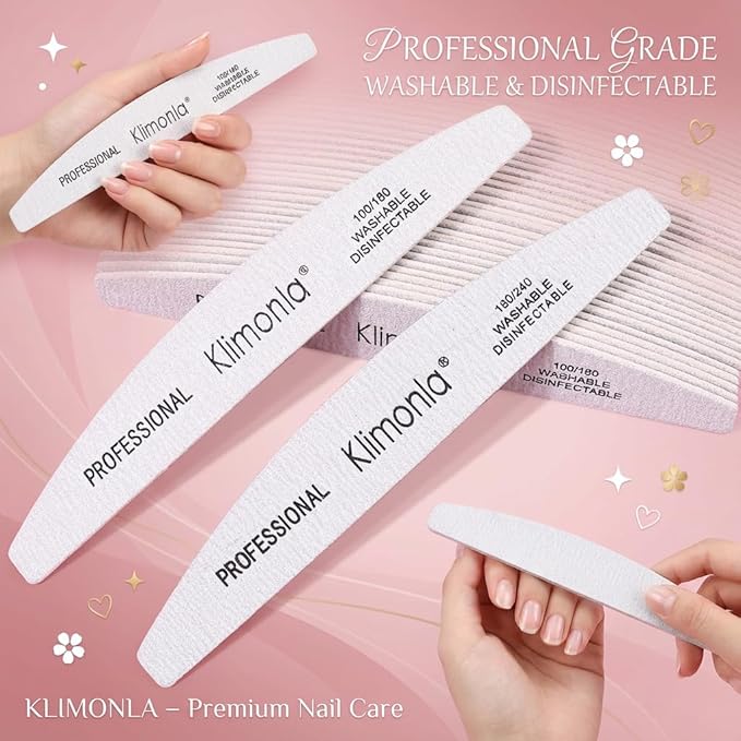 25pcs Professional Half Moon Nail Files Emery Board Set 100/180 Grit Dual-Grit Buffer Files for Natural & Acrylic Nails Tools Suit for Home Salon