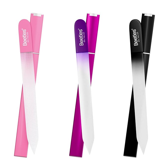 Beetles Glass Nail File for Natural Nails 3 Pack – Double-Sided Crystal Nail Files with Case Etched Gentle Nails Care for Shaping & Polishing Manicure, Washable Reusable Glass Fingernail Files