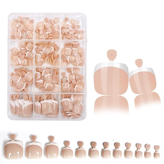 240Pcs White French Tip Press on Toenails Short Square Fake Toe nails Press ons with Design Stick on Toe Nails Acrylic False ToeNails Artificial Glue on Toenails for Women Nails Art Decoration