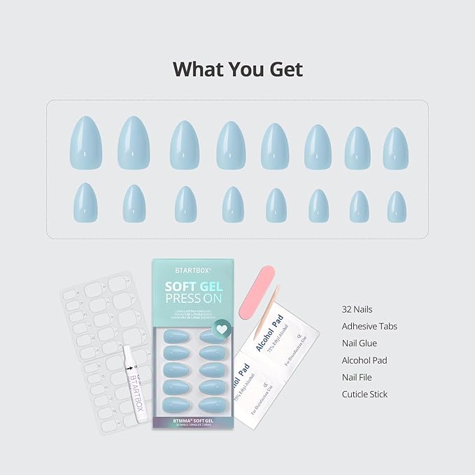 BTArtbox Press On Nails Short - Pastel Light Blue Almond Press On Nails with Glue for Women, Opaque Soft Gel Glue On Nails in 16 Sizes - 32 Stick On Nails Kit, Sky Dash