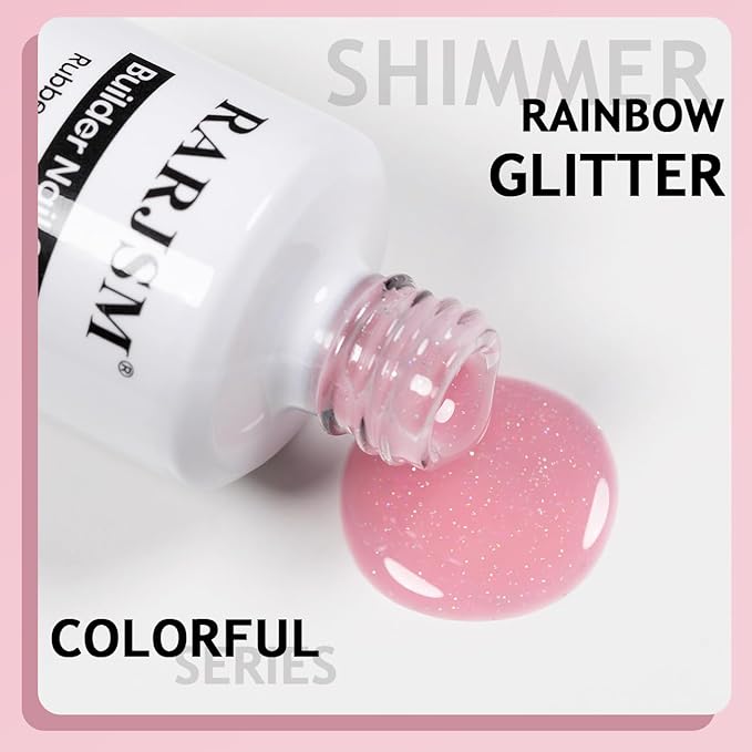 RARJSM Rainbow Glitter Rubber Base Gel Nail Polish Nude Bubble Pink Rubber Base Iridescent Shimmer Brush on Quick Extend Builder Hard Gel Soak Off Curing Requires 15ml Salon Home French Manicure