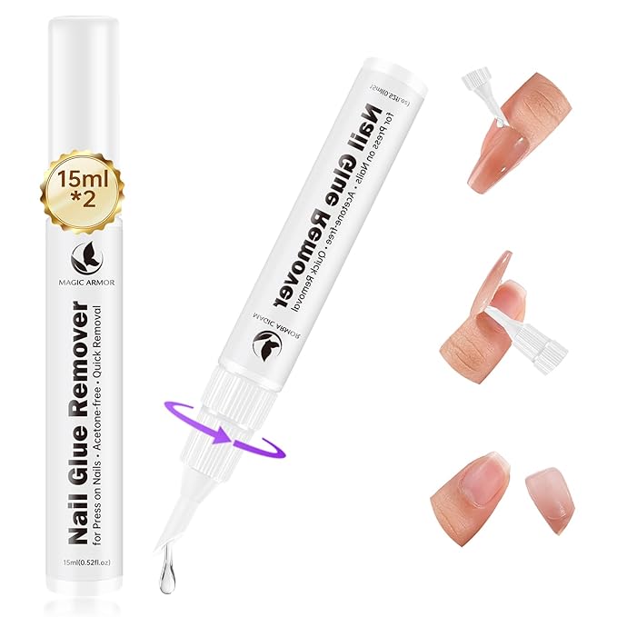 2PCS 15ml Pinpoint Nail Glue Remover for Press on Nails, Acetone-Free Odorless Formula Gentle Remover, 2 IN 1 Design Refillable Nail Polish Remover Pen