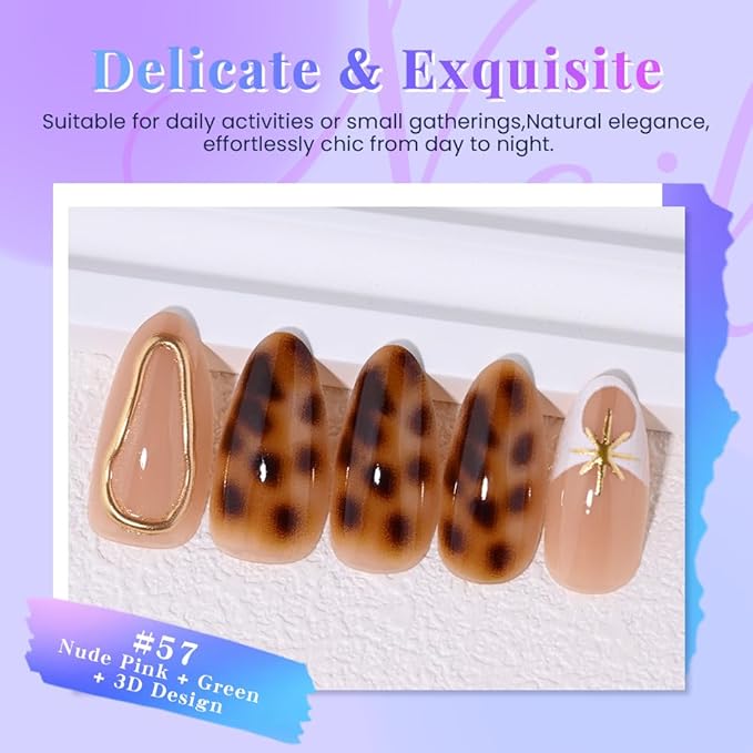 evpct Nude Pink Press on Nails Short Almond with Green Nails, Sexy Brown French Tip Stick on Nail for Women, Reusable Full Cover Soft Press on Fake Nail with 3D Gold Line Design Perfectly Fit