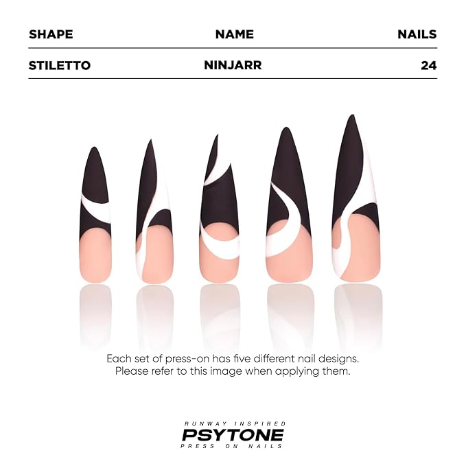 PSYTONE Black French Fake Nails Long Press on Nails Coffin Acrylic Geometry False Nails Full Cover Nails for Women and Girls 15 Size 30PCS