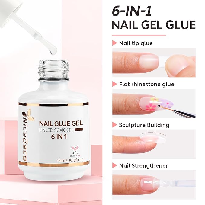 Nicedeco Gel Polish 6 in 1 Nail Glue Gel for Acrylic Nails, Hema Free, Cruelty Free, Vegan 2 Pcs 15ml Super Strong Brush in Nail Gel Glue for False Nails Tips and Gel Nail Polish Led Lamp Required