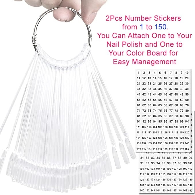 JASSINS 150 Pcs Nail Swatch Sticks with Ring and Number posted, Clear Fan-shaped Nail Art Polish Practice Display Tips Nail Sample Sticks, Nail Practice Color Display Polish Board