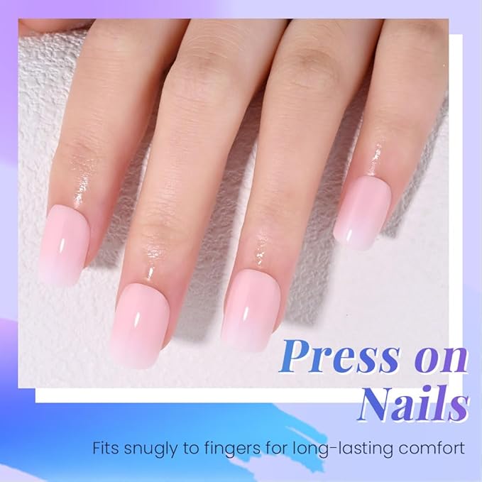 Pink White Ombre French Tip Press on Nails, Short Square Acrylic Fake Nails Design, Natural Reusable Nails Kit for Women DIY False Nail Art Decoration Gift, Salon Quality Reusable 15/30 Psc