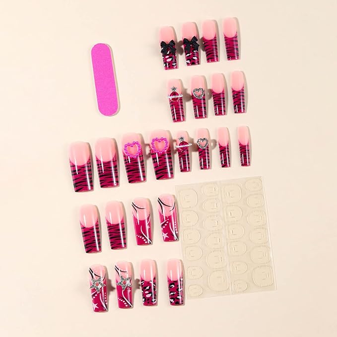 RTKHFZE Square Press on Nails Long Fake Nails Rose Red French Tip Glue on Nail with 3D Bow Acrylic Nails Press ons Star Y2k False Nails for Women Manicure Stick on Nail