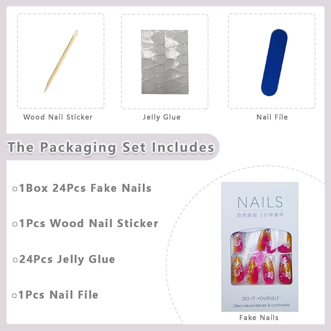 Flower Press on Nails Medium Almond Fake Nails with 3D Pearl Rhinestones Design Hibiscus Floral False Nails Glossy Pink Yellow Gradient Acrylic glue on Nails Full cover Spring stick on Nails for Women