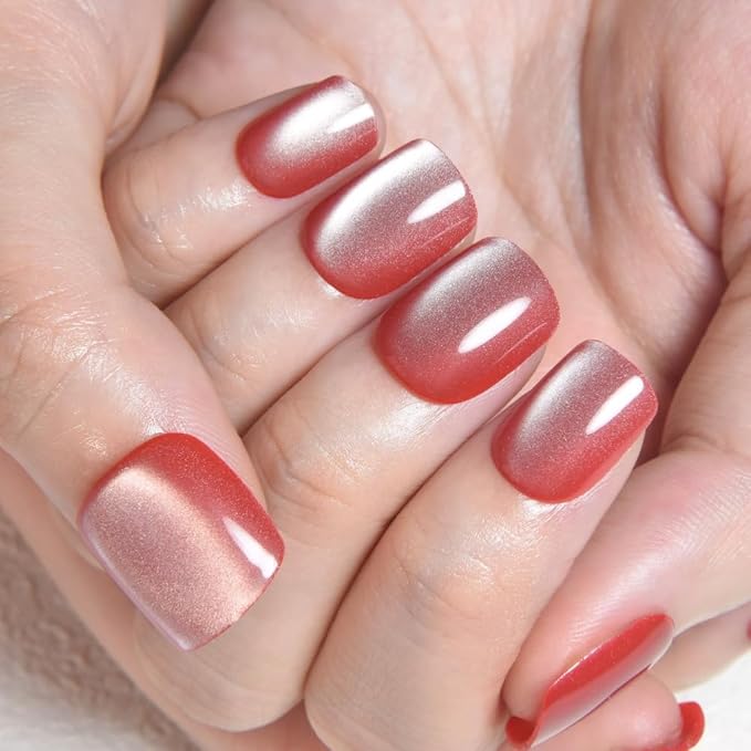evpct Pink Cat Eye Extra Short Press on Nails Square, Petite Short Square Stick on Nails for Women Gift, Red Nude Pink Metallic Glitter Glossy Reusable Soft Gel Press on Acrylic Fake Nail with Design