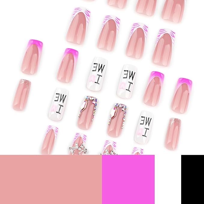 French Tip Press on Nails Medium Square MABKJLF Fake Nails 3D False Nails with Designs Water Ripple Rhinestones Stars Charm Zebra Print Glossy Glue on Nails Acrylic Nails for Women Girls 24 Pcs
