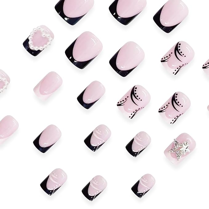 Press on Nails Short Square MABKJLF French Tip Fake Nails Black & White False Nails Stars Pearls Heart Charms Designs Glossy Glue on Nails Stick on Nails for Women Girls 24 Pcs