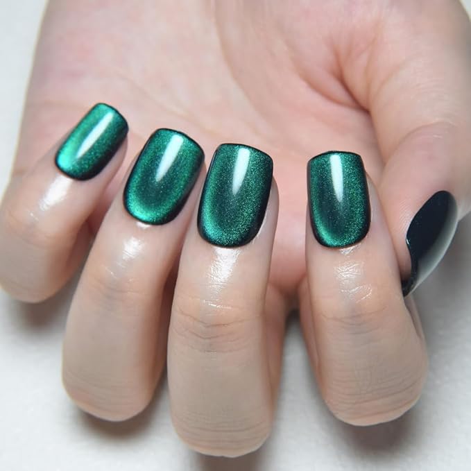 evpct Green Cat Eye Extra Short Press on Nails Square, Petite Short Square Stick on Nails for Women Gift, Emerald Green Metallic Glitter Glossy Reusable Gel Press on Acrylic Fake Nail with Designs