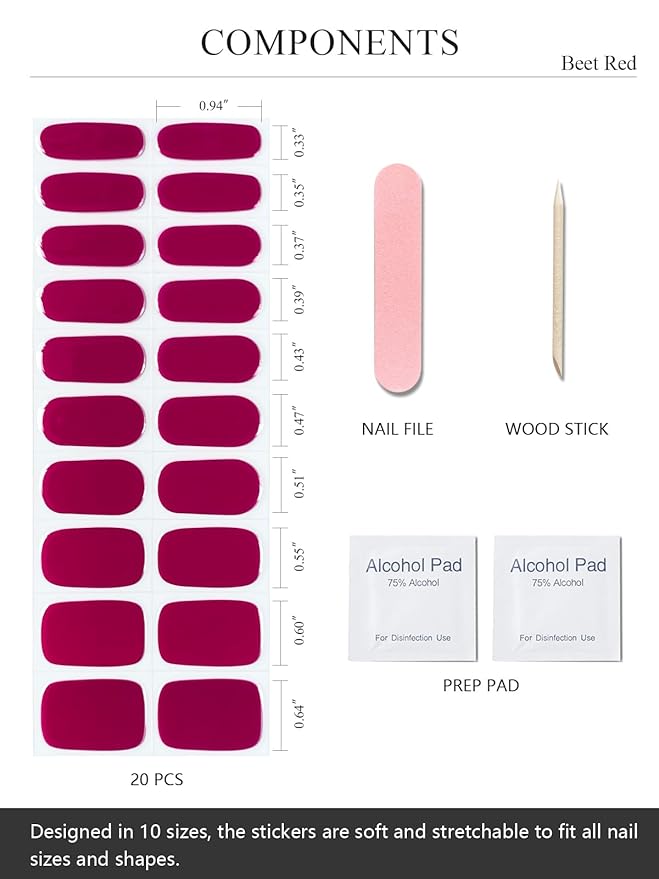 Semi Cured Gel Nail Strips (Beet Red), Berry Pink, 20 Pcs Gel Nail Wraps, Stickers, UV Light Required, Salon Quality, Long Lasting