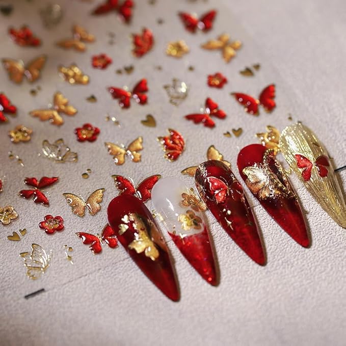 5D Butterfly Nail Art Sticker Decals Crystal Soft Self Adhesive Embossed Spring Nail Stickers Design Gold Red Green Butterfly Nail Decals Supplies Accessories 2 Sheet
