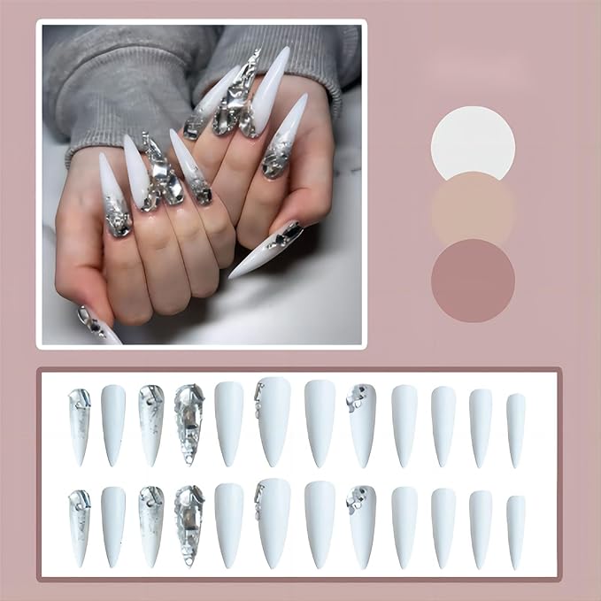 xl White Press on Nails Long Almond Tip Nails Press Ons Full Diamond Design False Nails Full Cover Acrylic Fake Nails Gift for Wemons 24pcs