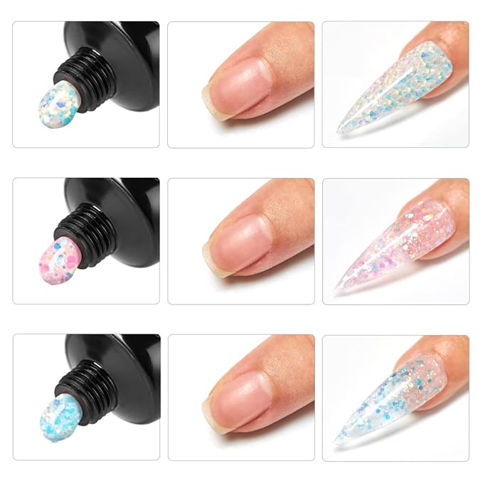 Glitter Poly Nail Extension Gel Kit, 3 Colors Silver Pink Blue Quick Building Builder for Nails Art Salon at Home, Quick Building Nail Extensions Gel