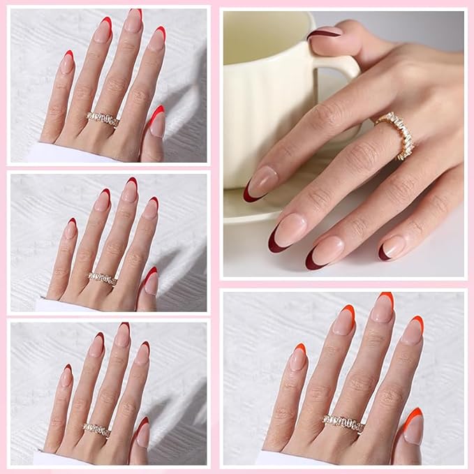 Almond Red French Tip Press on Nails, 150pcs Soft Short French Gel Nail Tips in 15Sizes, Pre-lasting Soak Off Acrylic Fake Nails, No Need to File False Nail Tips Extension for Women Nails