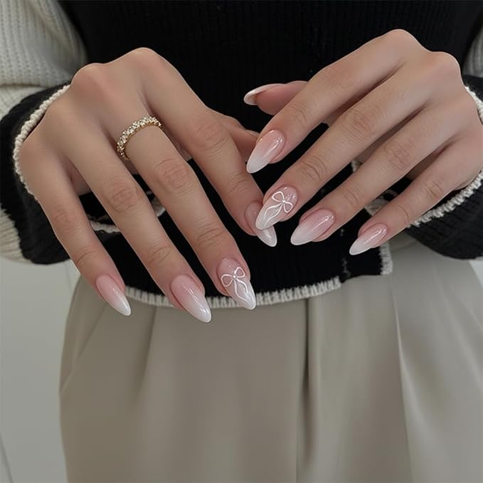 Press on Nails Almond White Gradient French Fake French Fake Nails Reusable Nail Kit with Glue Adhesive Tabs Mini Nail File for Women Manicure Nail Art Decoration 24PCS