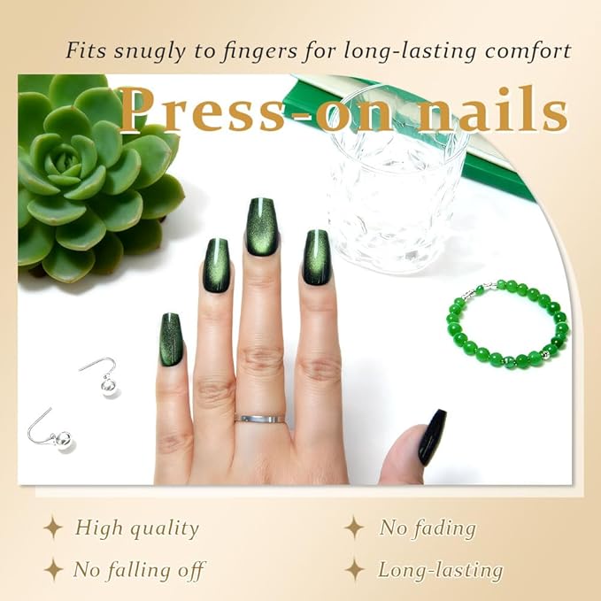 evpct Emerald Green Cat Eye Coffin Press on Nails Square Medium, Medium Square Stick on Nail for Women Gift, Green Metallic Glitter Glossy Reusable Soft Gel Press on Acrylic Fake Nail with Designs
