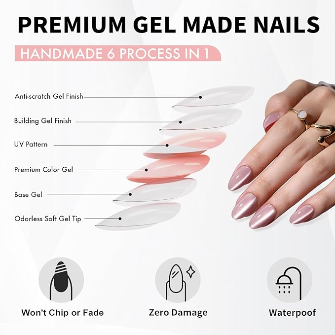 Pink Cat Eye Press on Nails Short - SHANGMENG Soft Gel Press on Nails Almond for Women Gift, Fit Perfectly & Natural Glue on Nails in 16 Sizes - 32 Reusable Fake Nails with Glue, Beige Pink
