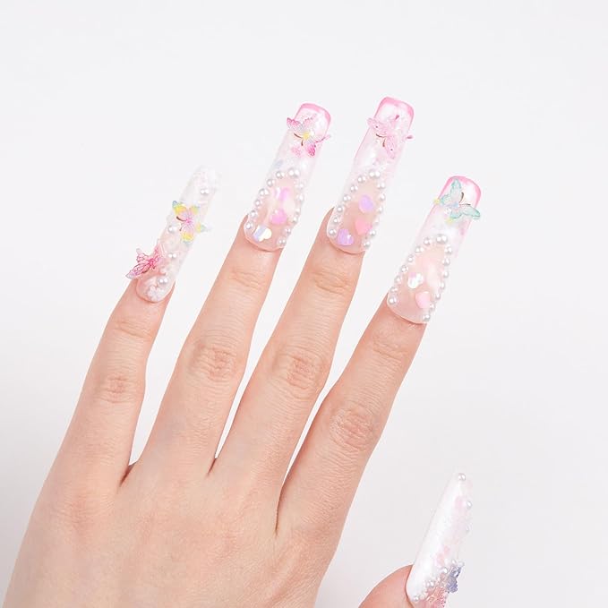 LOVFUL Press on Nails Tipsy Butterfly| Handmade with Full Covered Crystals| Reusable Fake Nails| Square Mid length 1.7in| H184-S