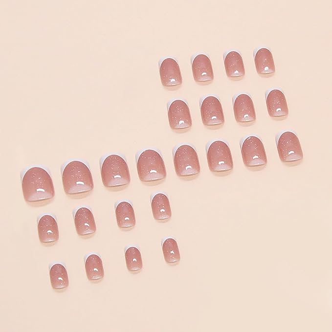 Press on Nails Short Square MABKJLF White French Tip Fake Nails False Nails with Designs Glitter Full Cover Glossy Glue on Nails Stick on Nails Acrylic Nails for Women Girls 24 Pcs
