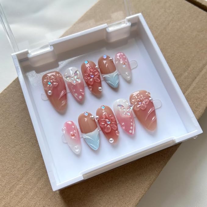 Press On Nails Medium Almond Nails, Handmade 3D Design Fake Nails with Thick Acrylic Multi-Layer Gel Nails, Reusable Durable DIY Artificial Nails for Women (10 Pieces)