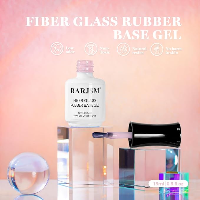 RARJSM Nude Sheer Candy Pink Fiber Glass Rubber Base Gel Nail Polish for Repair Broken Nails StrengthenerGel Base Coat Transparent Brush on Building Gel in a Bottle Soak Off Curing Requires 15ml