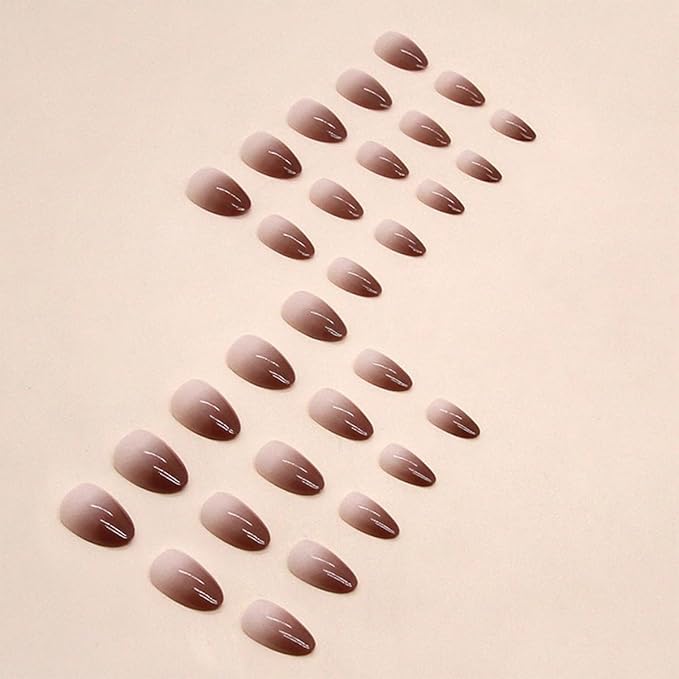 Fall Press on Nails Short Almond Fake Nails Ombre Brown False Nails Press ons with Designs Chrome Acrylic Glossy Full Cover Glue on Nails Cute Artificial Stick on Nail for Women Decoration 24 Pcs