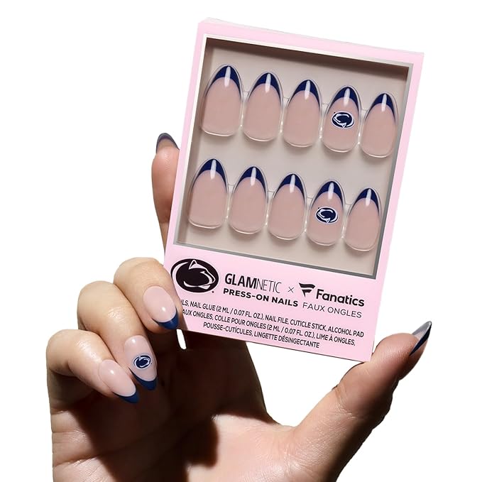Glamnetic x Fanatics Press On Nails - Penn State Nittany Lions | Short Almond Fake Nails, Collegiate Nittany Lions Navy French Tips, College Nails, Salon-Quality | 15 Sizes - 30 Nail Kit with Glue