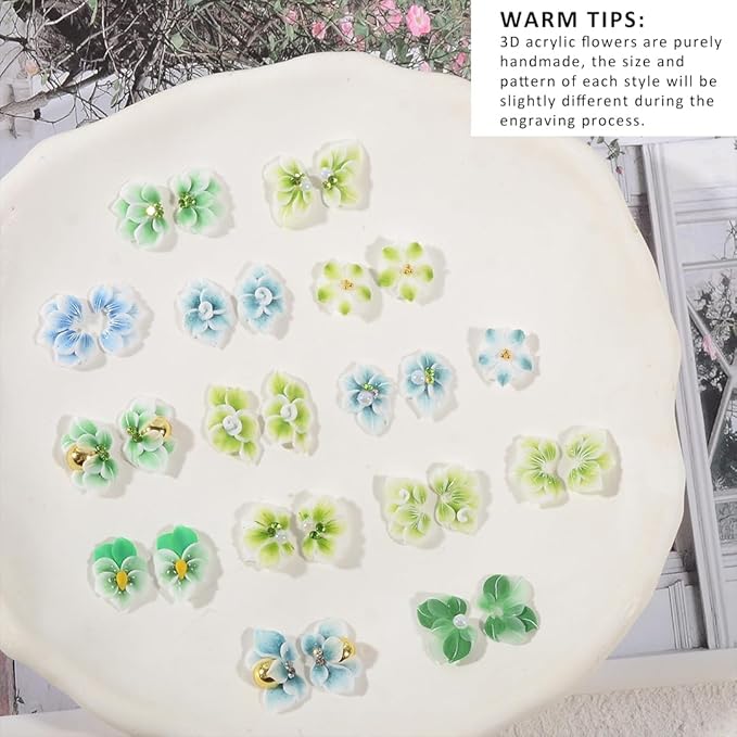 30PCS 3D Handmade Flower Nail Art Charms Advanced Handcrafted Cherry Blossom Flower Colorful Sculpted Floral Nails with Rhinestone Caviar Beads Design for Women Profession Nail Art Craft Jewelry