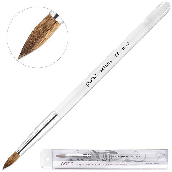 PANA Pure Kolinsky Hair Nail Brush - Round Clear Acrylic Handle (Size 8) - Nail Brush for Nail Application, Nail Extension, Manicure Pedicure Salon Beginner and Professional