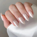 Press on Nails Almond - Medium Fake Nails with Aurora Design - White Full Cover Stick on False Nails - for Women 24 Pcs