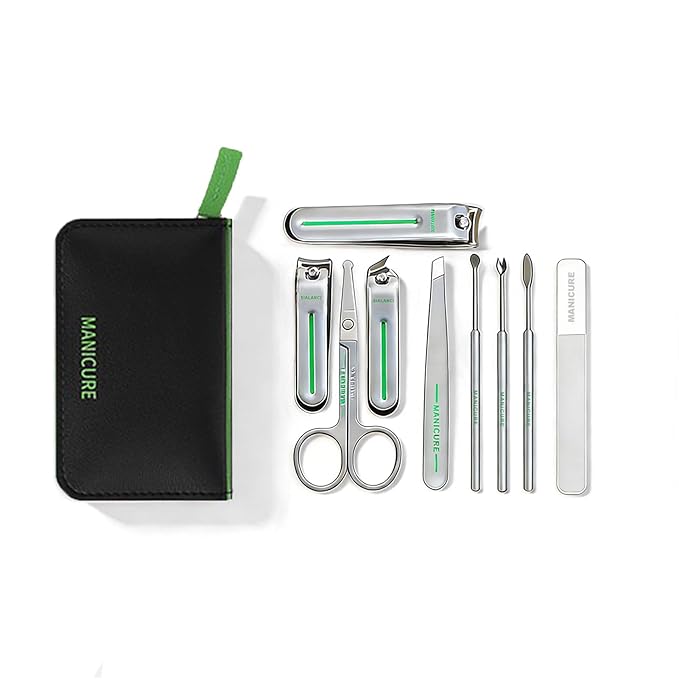 9-in-1 Manicure and Pedicure Kit for Men & Women, Travel Nail Clipper Set with Stainless Steel Tools & Glass Nail File, Portable Grooming Kit in PU Leather Case, Personal Care Gift