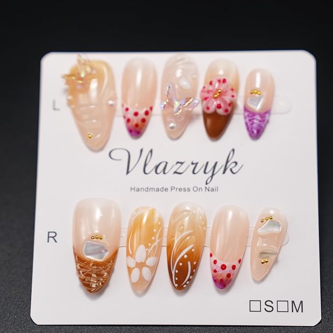Handmade Press-On Nails – Medium Almond French Tip 3D Butterfly & Brown gradient Flowers Nails,Salon-Quality Reusable Fake Nails,Handcrafted Multi-Layer Gel & Acrylic Nails (10PCS)