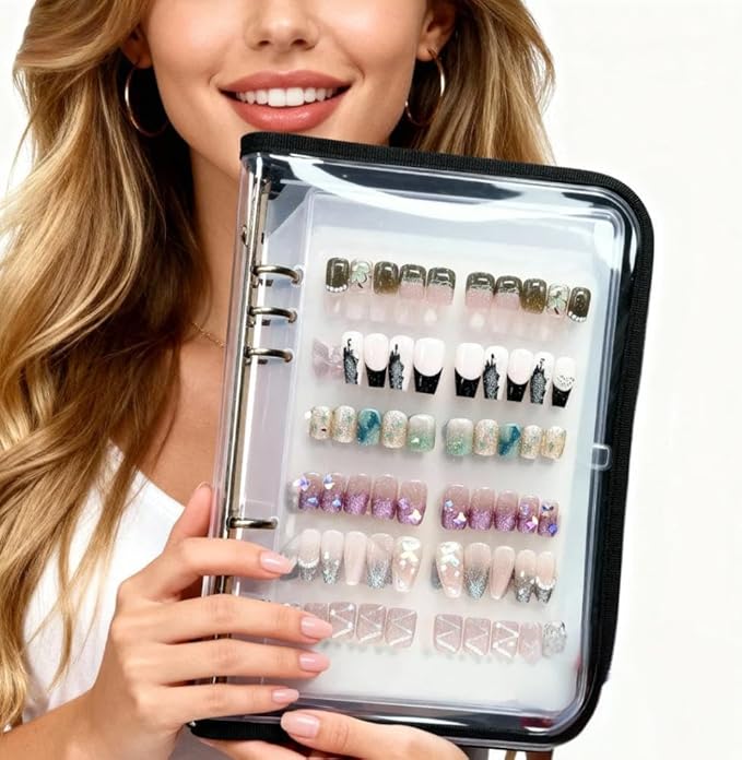 A5 Zipper Press On Nail Organizer - Empty Nail Storage Box for Fake Nails, Nail Display, Includes 6pcs Nail Tapes - Durable Nail Packaging for Fake Nail Storage & Organization
