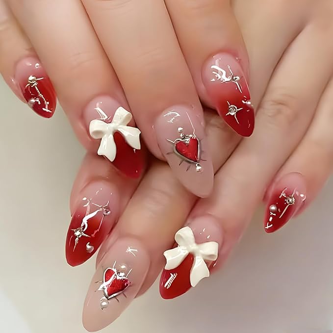 Valentines Press on Nails - Short Almond Nails Press ons with Bow Charms & Heart & Star & Rhinestones Designs, Glossy Acrylic Full Cover Cute Stick on Nails for Women Manicure 24Pcs