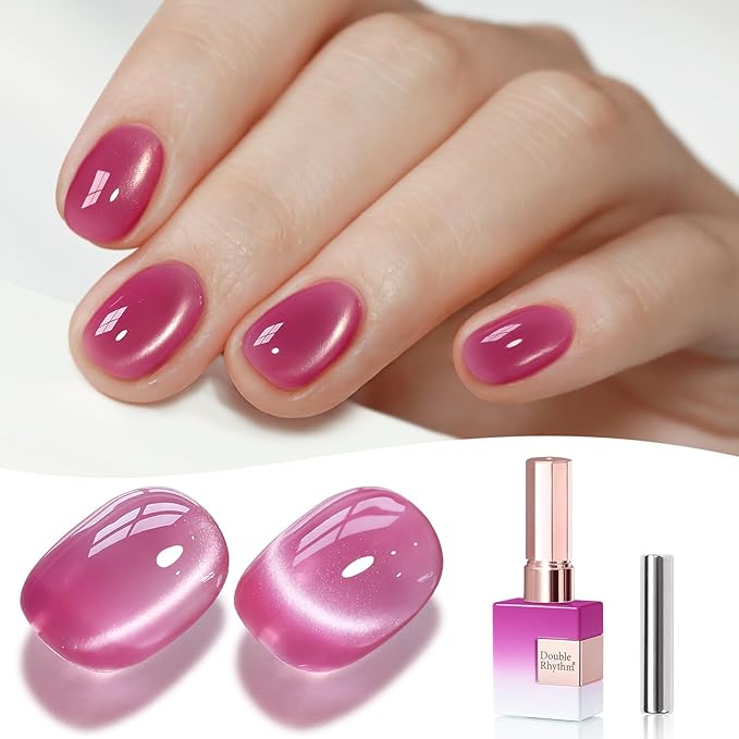 Double Rhythm 0.5 Oz Cat Eye Gel Polish with Magnet Same Color Same Bottle Holographic Glitter Shimmer Translucent Color Salon 15 ML Magnetic Nail Art (Purple Pink-MC1169)