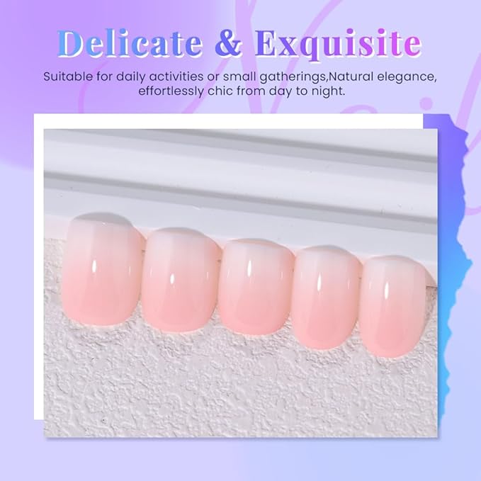 Pink White Ombre Press on Nails, Short Square Acrylic Fake Nails Design, Natural Reusable Nails Kit for Women DIY False Nail Art Decoration Gift, Salon Quality Reusable 15/30 Pcs