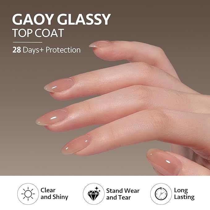 GAOY 2 Pcs Glassy Gel Top Coat and Rubber Base, Jelly Builder Base Nude Sheer Pink 03 Misty Nude with Detailed Liner Brush, Soak Off Nail Strengthener UV Light Cure