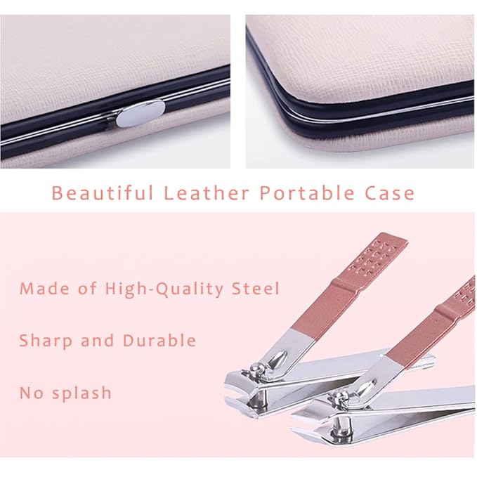 Pink Manicure Set Beauty Tool Portable 12 in 1 - Nail Clipper Pedicure Grooming Kit Stainless Steel Luxury Leather Travel Case, for Woman Girl Home Travel Gift Giving