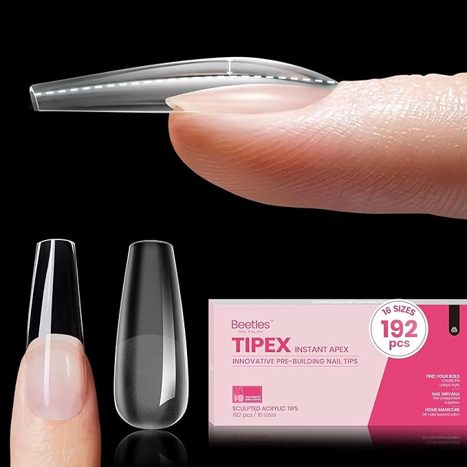 Beetles Tipex Instant Apex Nail Tips,192 Pcs 16 Sizes Coffin Long Pre-building Pre-Etched Thicker Acrylic Nails Strong Full Cover False Nail Extension Press-on Nails