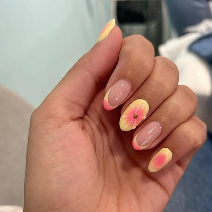 24Pcs Almond Press on Nails Flower Summer Fake Nails with 3D Floral Designs French Tip Pink Acrylic False Nail Cute Glue on Nails Medium Almond Nail Press ons for Women Girls