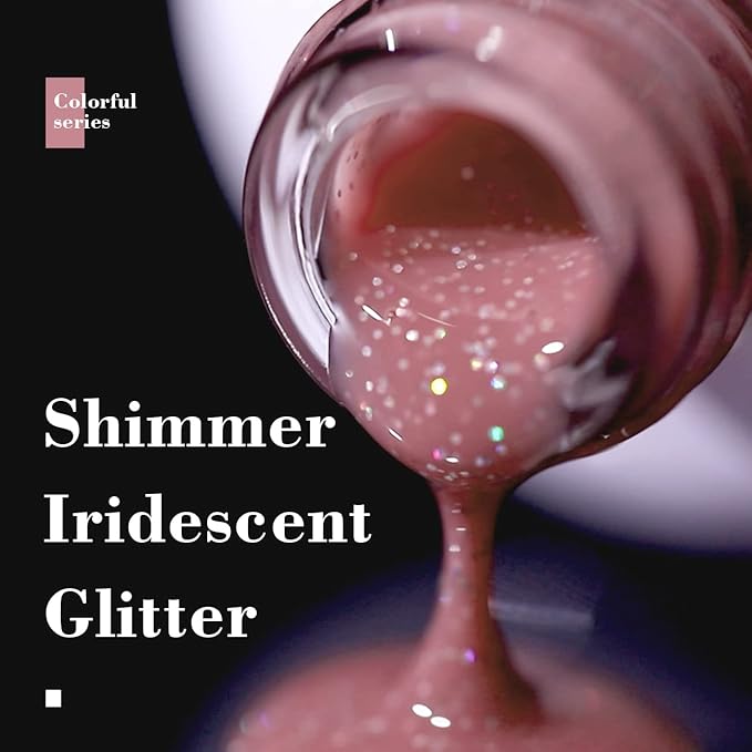 RARJSM Nail Polish Nude Glitter Rose Pink Jelly Shimmery Iridescent Rainbow Pigments Sparkly Red Pink Translucent Natural Gel Polish Soak off UV LED Cured 15ml Single Bottle