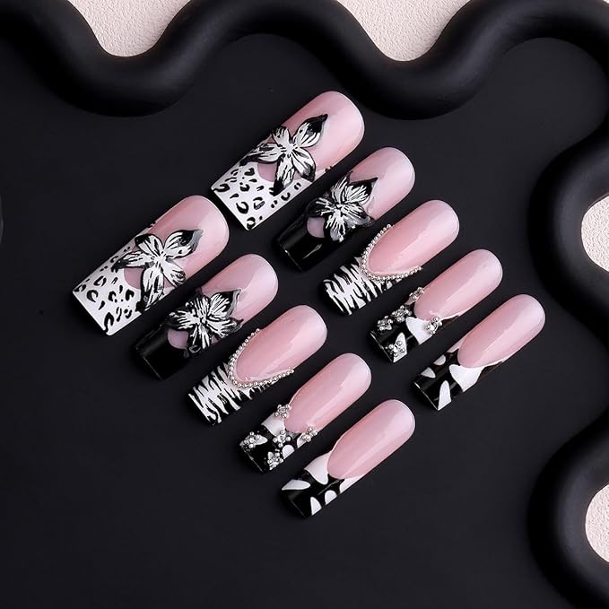 Square Press on Nails Long Cow Print Fake Nail 3D Flowers Designs Acrylic Nail Press ons Sparkly Rhinestones Stick on Nails for Women 24pcs