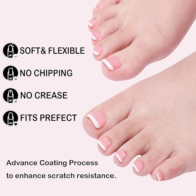 216pcs French Tip Press on Toenails Short Square，OPkssnails Pink Toe Nail Press On, Pre-Designed Soft Gel Toe Nail Tips, Soak off Acrylic Fake Toe Nail Extensions 12 Sizes