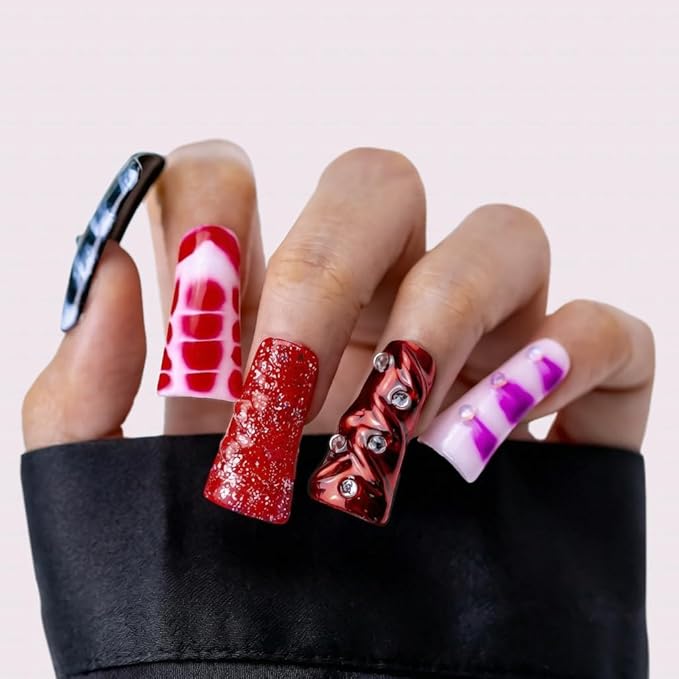 10 Pieces Candy Pop Mix Long Duck Press On Nails, Multi-Color Y2K Design, Reusable Fake Nails with Mixed Patterns, Reusable Fake Nails, Acrylic Nails (L)