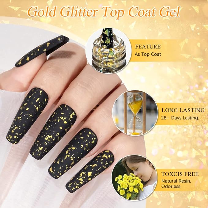 MIZHSE Gold Glitter Gel Nail Polish, Glitter Sequins Gel Polish Sparkle Shiny Christmas Soak Off U V LED Gels Polish for Nail Salon & Home DIY Manicure 10ml